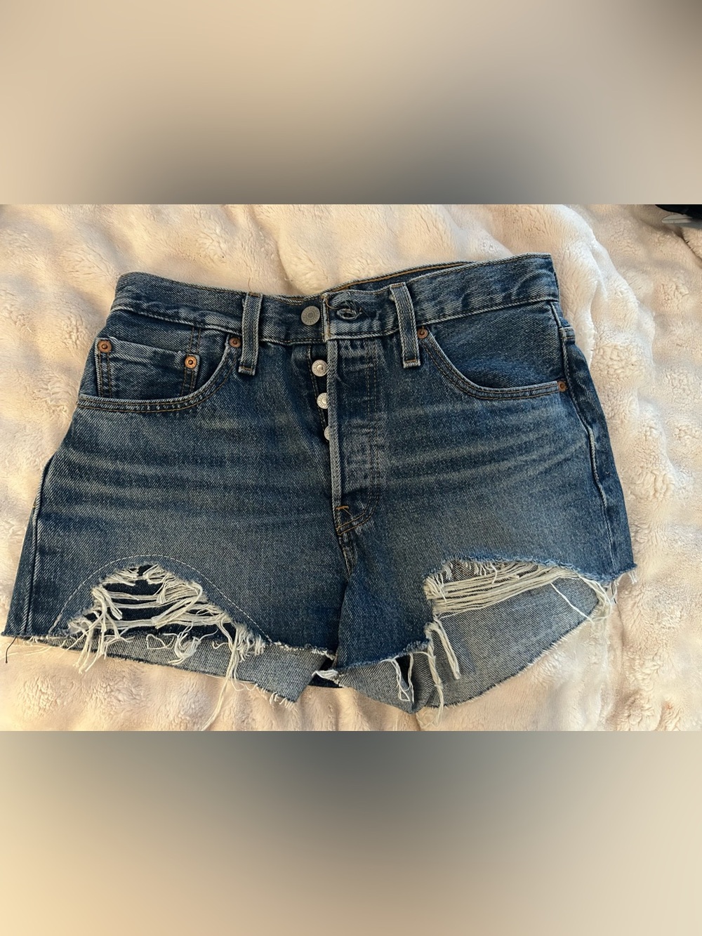 Levi's Dark Blue Distressed Button-Fly Denim Shorts